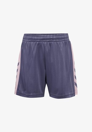 Paarse sportshorts met een verticaal gestreept patroon, voorzien van een roze zijpaneel en een geweven elastische tailleband voor comfort.