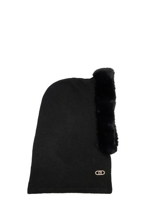 Cappello nero lavorato a maglia con bordo in morbida pelliccia nera. Presenta un dettaglio logo dorato. Progettato per il calore con una vestibilità morbida e una texture liscia.