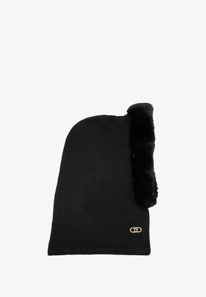 Gorro de punto negro con un suave borde de piel negra. Presenta un detalle de logotipo dorado. Diseñado para brindar calidez con un ajuste holgado y una textura suave.