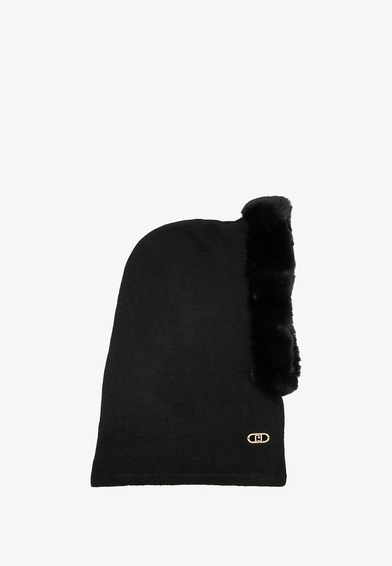 Cappello nero lavorato a maglia con bordo in morbida pelliccia nera. Presenta un dettaglio logo dorato. Progettato per il calore con una vestibilità morbida e una texture liscia.