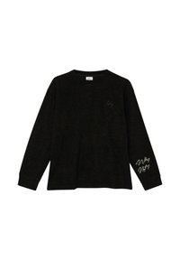 Czarna koszula z długim rękawem wykonana z miękkiej tkaniny. Posiada okrągły dekolt oraz jasne napisy na przodzie i rękawie.