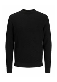 Pull noir avec un motif texturé en losanges. Il présente un col rond, des manches longues et des poignets et un ourlet côtelés.