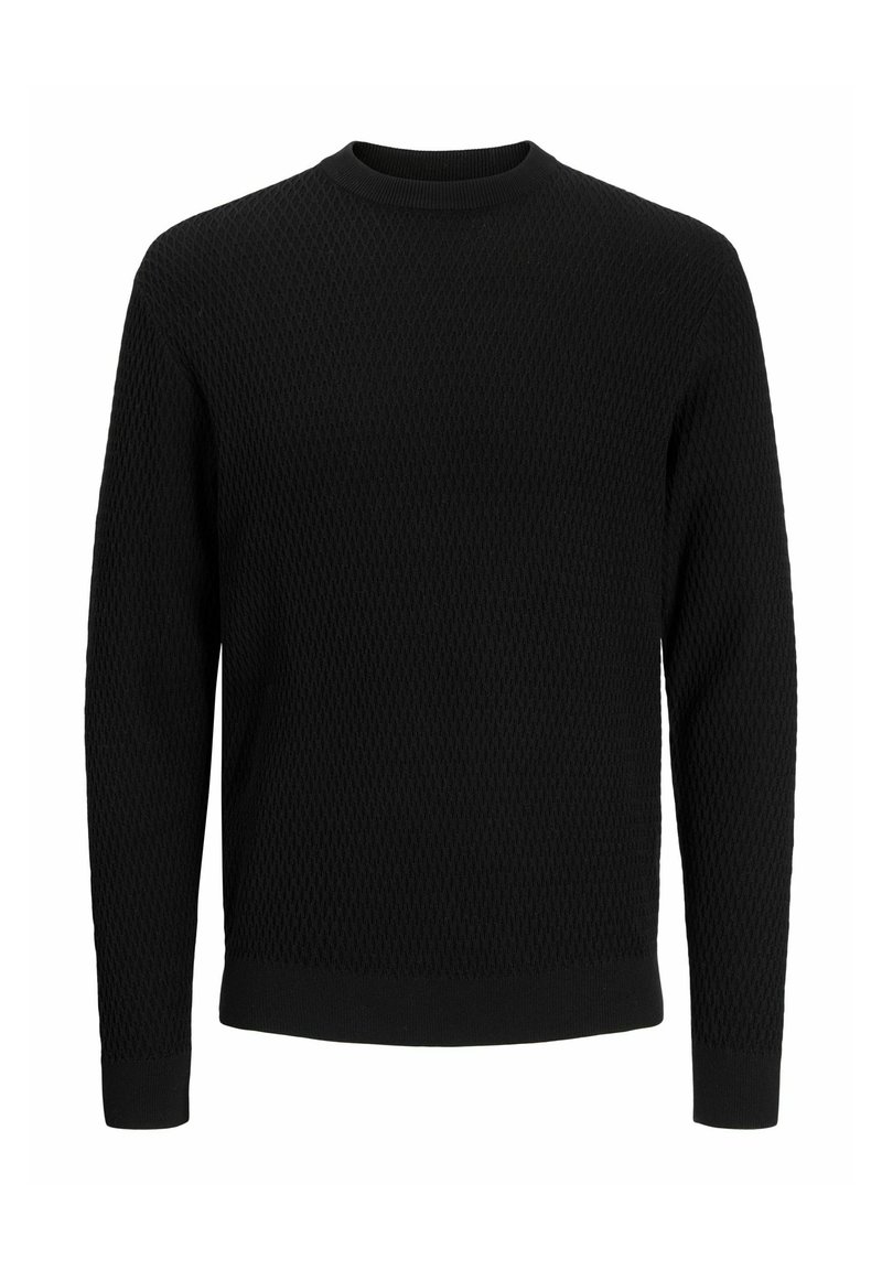 Pull noir avec un motif texturé en losanges. Il présente un col rond, des manches longues et des poignets et un ourlet côtelés.