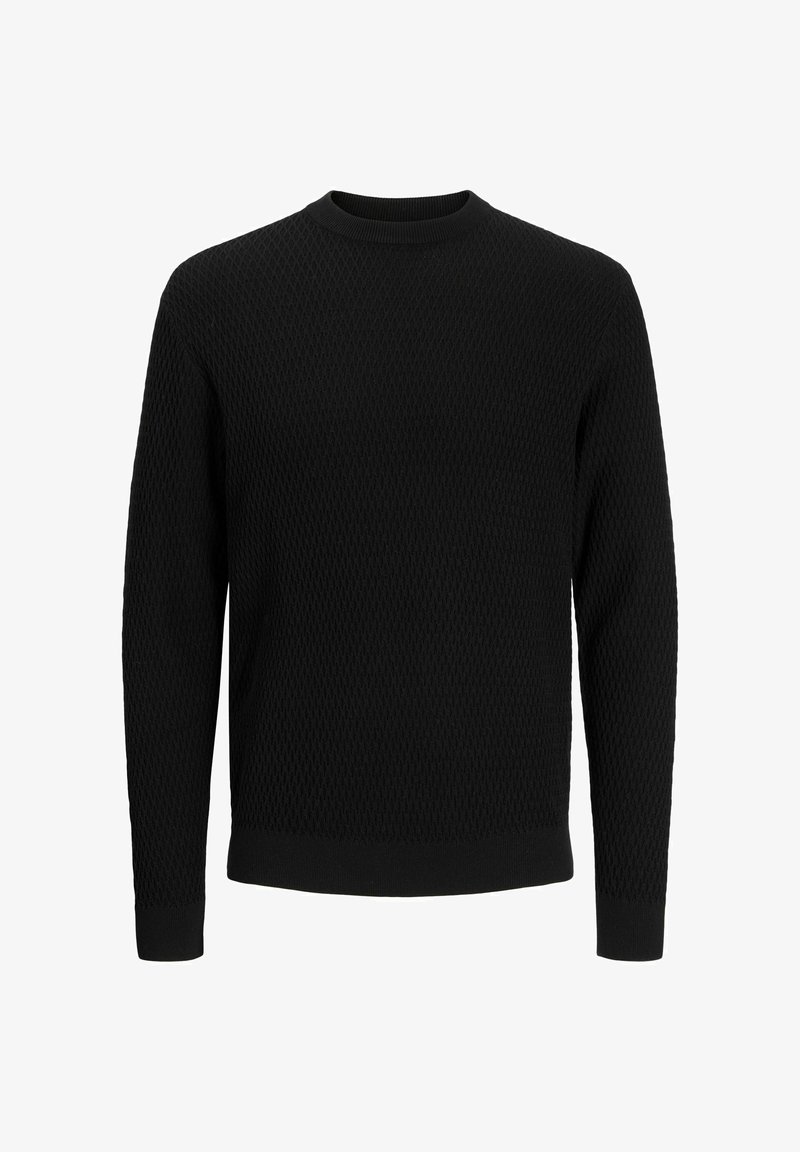 Maglione nero con un motivo a rete a diamante testurizzato. Presenta un colletto rotondo, maniche lunghe e polsini e orlo a coste.