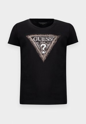 Zwarte T-shirt met korte mouwen met een groot glitters driehoeklogo waarop "GUESS U.S.A." staat en een centrale vraagteken.