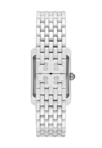 Weißer rechteckiger Uhr mit einem strukturierten Gliederarmband. Verfügt über ein auffälliges Logo am Band und ein metallisches Gehäuse mit einem minimalistischem Design.