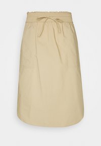 Beige midi-hame kevyestä kankaasta, jossa on joustava vyötärö, säädettävä nauha ja sivutaskut. Suora, teksturoimaton pinta.