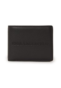 Portafoglio in pelle nera con superficie texturizzata, caratterizzato dal logo in rilievo "KARL LAGERFELD" sulla parte anteriore. Forma compatta e rettangolare con bordi puliti.
