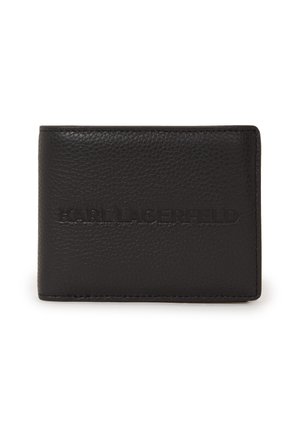 Black leather wallet with textured surface, featuring embossed "KARL LAGERFELD" logo on the front. Compact, rectangular shape with clean edges.