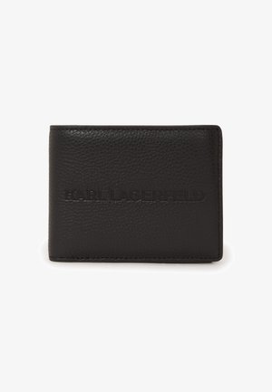 Cartera de cuero negra con superficie texturizada, que presenta el logotipo en relieve "KARL LAGERFELD" en la parte frontal. Forma compacta y rectangular con bordes limpios.