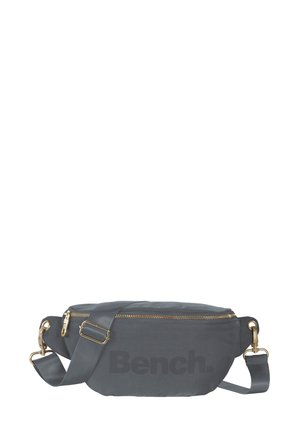 Gray fabric fanny pack with a textured finish, gold zipper, adjustable strap, and "Bench." logo printed in black on the front.