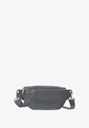Grau Stoff Bauchtasche mit strukturierter Oberfläche, goldenem Reißverschluss, verstellbarem Tragegurt und "Bench."-Logo in Schwarz auf der Vorderseite aufgedruckt.