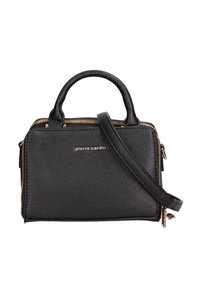 Borsa a mano in pelle nera con una forma strutturata, doppi manici superiori e tracolla rimovibile. Chiusura con zip in tono oro e logo in evidenza.