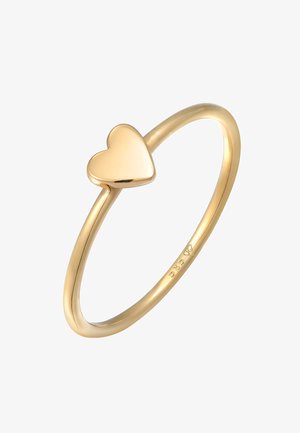 Goldener Metallring mit einer glatten herzförmigen Oberseite und einem schlanken Band. Einfaches Design mit polierter Oberfläche. Größe und Metallqualität sind innen gekennzeichnet.