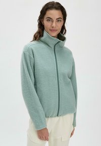 Himmelblaues Fleece-Jacke mit hohem Kragen, Frontreißverschluss und langen Ärmeln. Weicher Stoff und lockere Passform. Minimalistisches Design ohne Muster.
