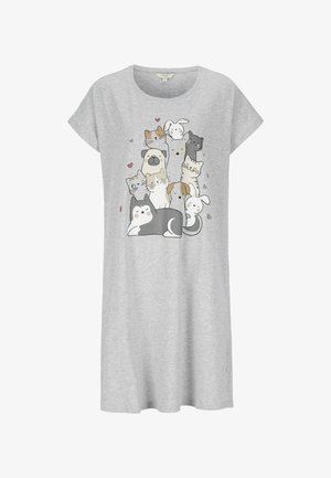 Grå kortærmet natkjole med et legende print af forskellige tegneseriehunde og katte, samt hjerter, på forsiden. Blødt bomuldsstof.