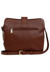 Borsa a tracolla in pelle marrone con texture liscia, tasca frontale con zip, tracolla regolabile e design minimalista.