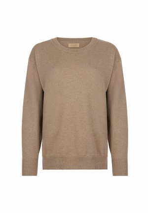 Beżowy sweter dzianinowy z okrągłym dekoltem, długimi rękawami oraz ściągaczami na mankietach i u dołu. Miękka faktura, casualowy design i minimalistyczny styl.