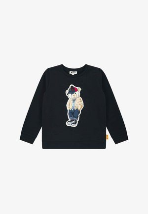 Sudadera negra con un gráfico de un oso de dibujos animados que lleva una chaqueta, vaqueros y zapatillas. Presenta puños y dobladillo de canalé, textura suave.