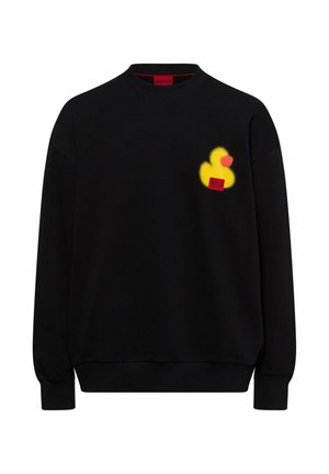 Schwarzer Sweatshirt aus Baumwolle, mit einem gelben Gummientenmotiv und einem roten Logopatch auf der Brust. Rippbündchen am Ausschnitt und an den Ärmeln.