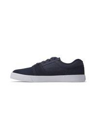 Navy blue sneakers with a smooth fabric upper, lace-up design, padded collar, and white rubber sole featuring a textured grip.