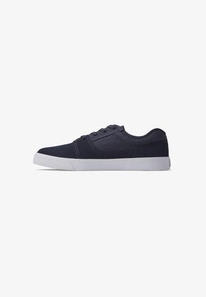 Navy blue sneakers with a smooth fabric upper, lace-up design, padded collar, and white rubber sole featuring a textured grip.