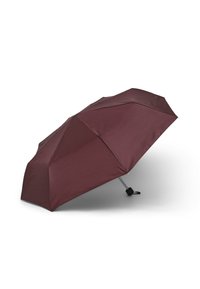 Ombrello color granata con una copertura liscia e strutturata, otto stecche e un'asta metallica. Presenta un design compatto e un cinturino da polso per facilitarne la presa.