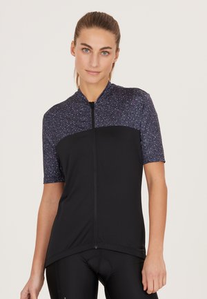 Schwarzes Radtrikot mit kurzen Ärmeln, ausgestattet mit einem gesprenkelten oberen Abschnitt in dunkler Farbe und einem Reißverschluss vorne. Dehnbarem Material mit glatter Textur.