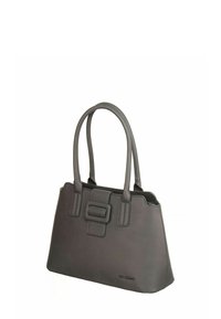 Sac à main en cuir gris avec un design structuré, deux poignées et une boucle rectangulaire proéminente sur le devant.