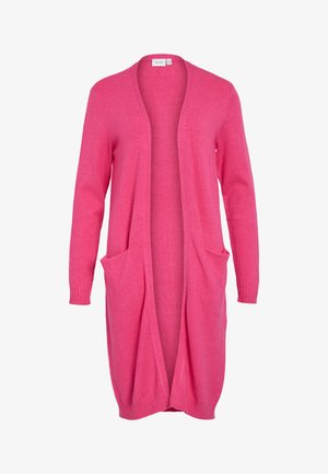 Long, open-front cardigan in bright pink. Made of soft fabric with ribbed cuffs and two front pockets. Casual, relaxed fit.