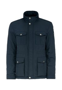 Granatowa ocieplana kurtka z wysokim kołnierzem, czterema przednimi kieszeniami, metallicznymi zatrzaskami i gładką teksturą. Prosty, nowoczesny design.