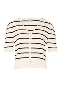 Beige Strickjacke mit kurzen Ärmeln, schwarzen horizontalen Streifen, V-Ausschnitt und sechs perlmuttfarbenen Knöpfen auf der Vorderseite. Weiche Stricktextur.
