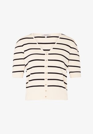 Beige cardigan met korte mouwen, zwarte horizontale strepen, V-hals en zes parelachtige knopen aan de voorkant. Zachte brei textuur.