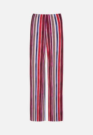 Gestreepte broek met verticale lijnen in rood, paars, beige en blauw. Zachte stof, elastische tailleband en een relaxte pasvorm.