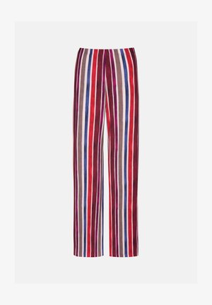 Gestreepte broek met verticale lijnen in rood, paars, beige en blauw. Zachte stof, elastische tailleband en een relaxte pasvorm.