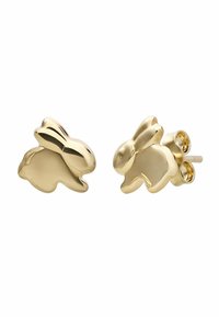 Gouden studoorbellen in de vorm van een konijn met een gepolijste afwerking. Kenmerken zijn afgeronde randen en een eenvoudig ontwerp, geschikt voor dagelijks gebruik.