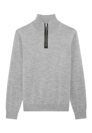 Magnifico golf in grigio chiaro a maniche lunghe con colletto alto e una mezza zip con bordo nero al centro davanti.
