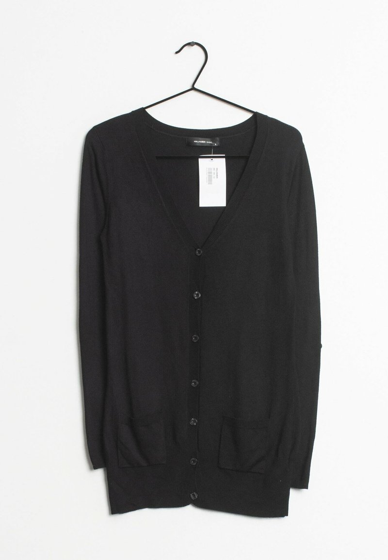 Zwarte lange mouwen cardigan met een v-hals, zes knopen aan de voorkant, ribgebreide manchetten, twee zijzakken en een aangehechte label.