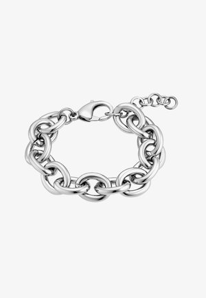 Strieborný kovový náramok s oválnymi článkami a karabínovým zapínaním, s nastaviteľným predĺžením reťazca.