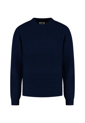 Marineblauwe gebreide ronde hals trui met een gestructureerd patroon en geribbelde manchetten en zoom, gelabeld als SHIWI.