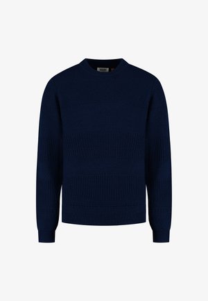 Marineblauwe gebreide ronde hals trui met een gestructureerd patroon en geribbelde manchetten en zoom, gelabeld als SHIWI.