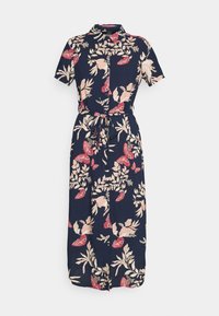 Abito navy a maniche corte con un motivo floreale in rosa e crema, chiusura con bottoni sul fronte e cintura da annodare in vita.