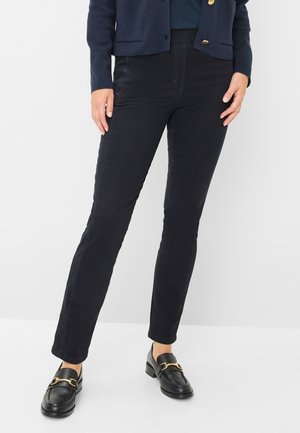 Zwarte slim-fit broeken van textuurstof, met een middelhoge taille en een rechte pijpdesign. Draag met een marineblauwe blazer en instappers.