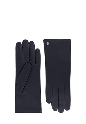 Navy leather gloves with smooth texture, featuring five finger design and subtle branding detail on wrist. Elegant and seamless construction.