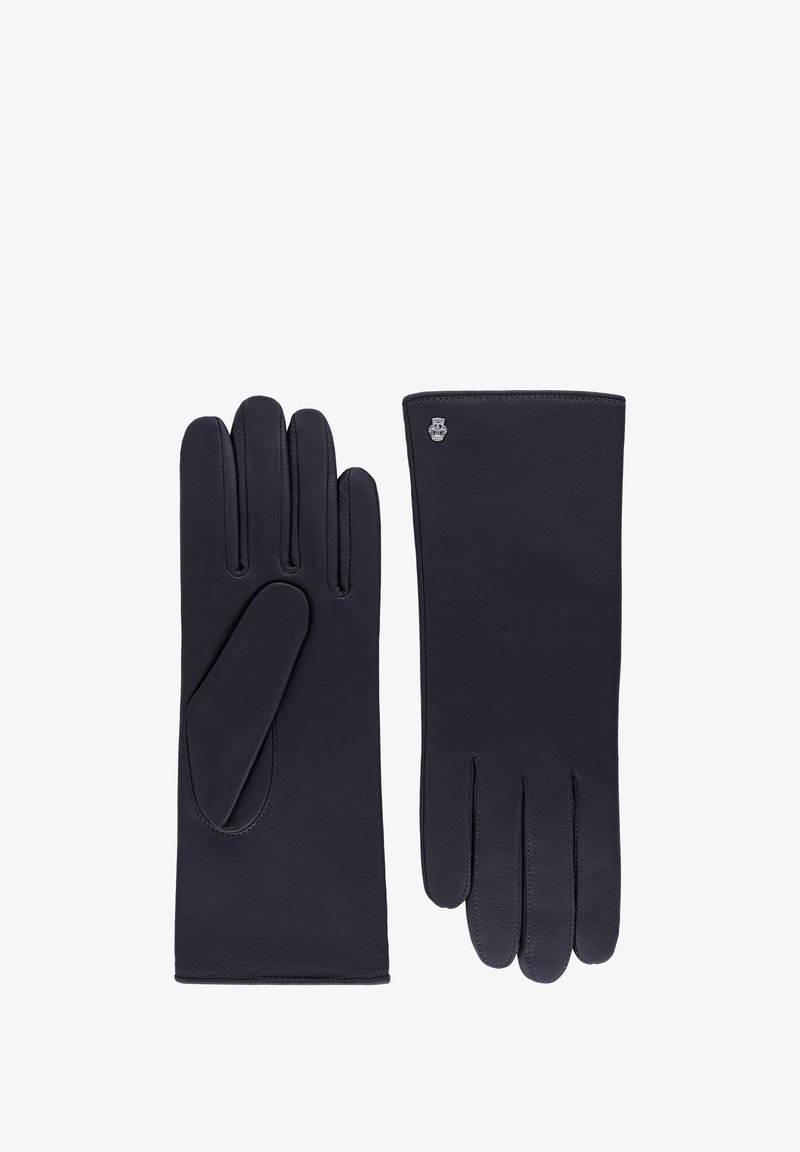 Navy leather gloves with smooth texture, featuring five finger design and subtle branding detail on wrist. Elegant and seamless construction.