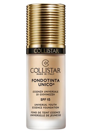 Collistar Fondotinta Unico foundation i en elegant glasflaska med ett ribbat guldock. Ljusbeige vätska med SPF 15. Flermedial text på etiketten.