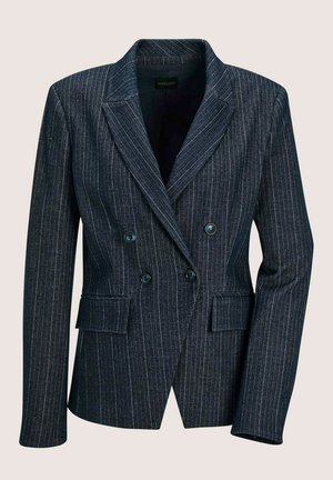 Marineblauwe dubbelbreasted blazer met dunne verticale witte strepen, geknipte revers, klepzakken en lange mouwen.