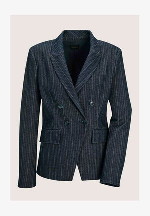 Marineblauwe dubbelbreasted blazer met dunne verticale witte strepen, geknipte revers, klepzakken en lange mouwen.
