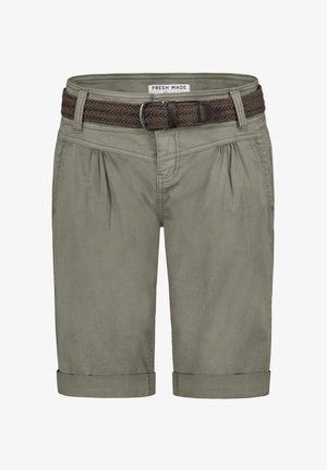 Khaki-Shorts aus Baumwollmischung. Ausgestattet mit einem geflochtenen, dunkelbraunen Gürtel, umgeschlagenen Säumen und vorderen Falten für zusätzliche Details.