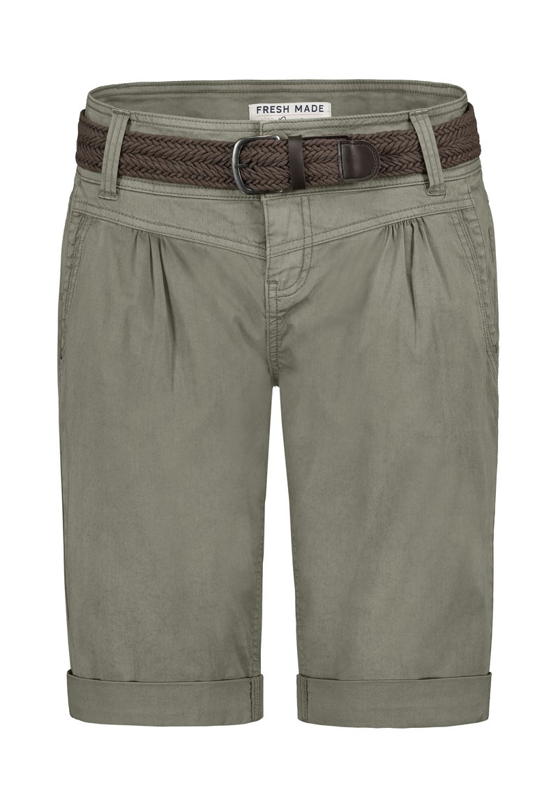Khaki shorts made from cotton blend. Features a braided dark brown belt, rolled cuffs, and front pleats for added detail.